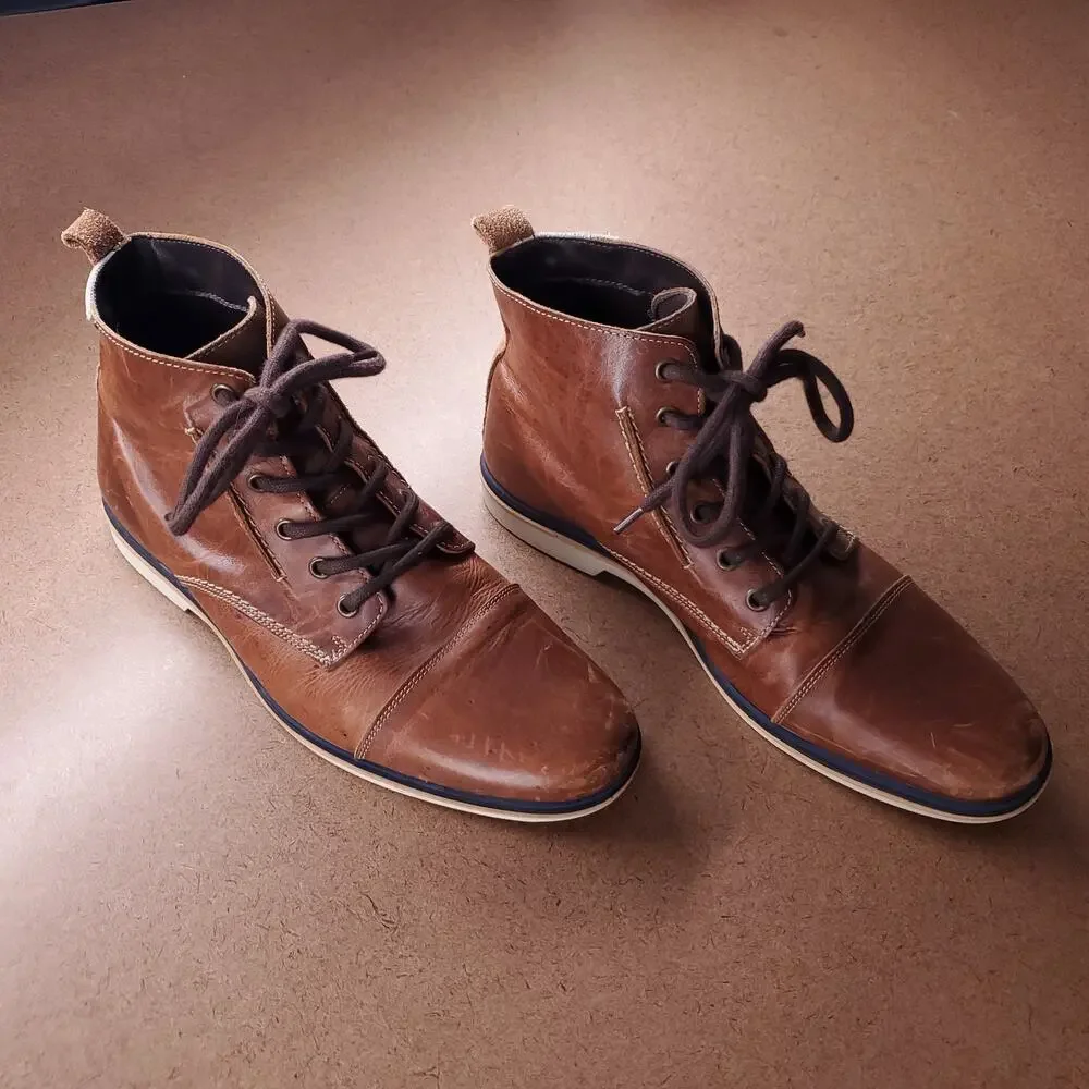 ALDO Leather Ankle Boots Men 9 Brown Cap Toe White Sole Lace‎ Up Gorpcore